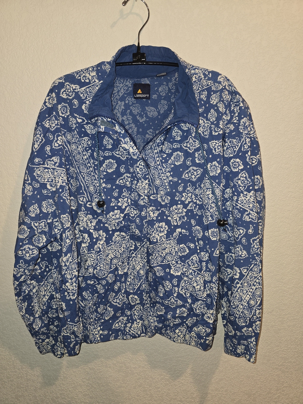 Vintage Lizsport Paisley Floral Print Nylon Windbreaker Jacket Blue Size L